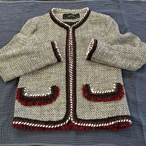 ZARA Women’s Tweed Blue/White Jacket w/Red Rope & Fringe Detail, Size Small